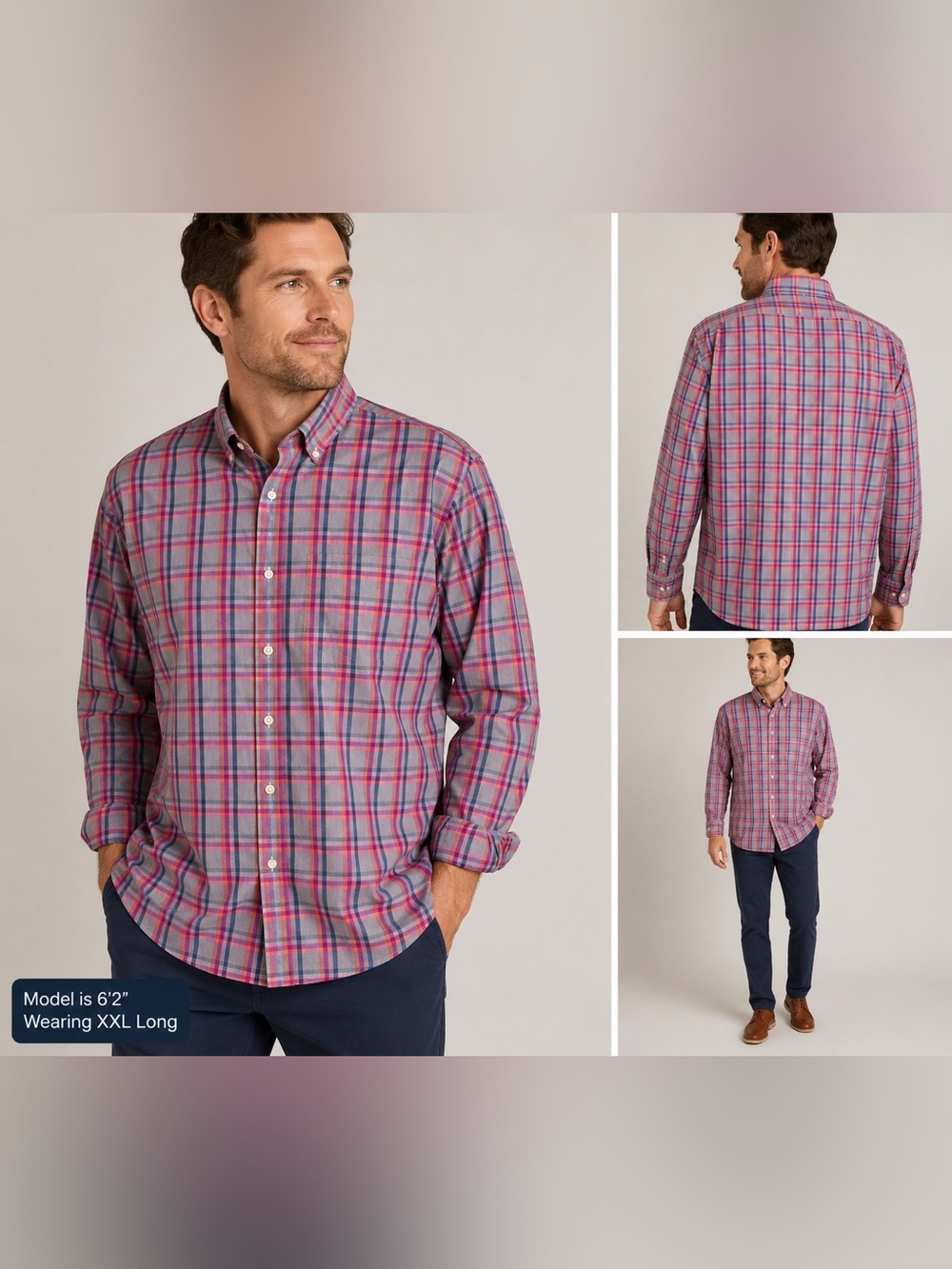 Bonobos Standard Fit Men’s XXL Long Plaid Button Down Shirt Pink Blue Gray
